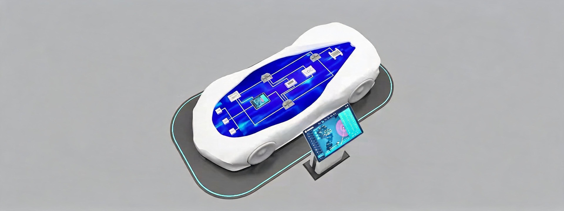 展示智能底盘的3D外观模型，顶部透明区域呈现内部电路结构，搭配交互屏幕，用于产品介绍和功能演示。